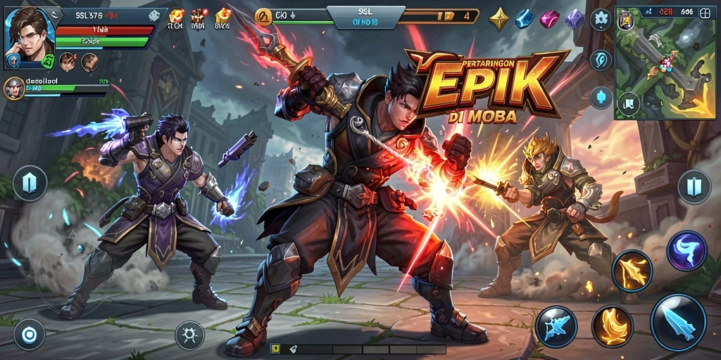 Tampilan aksi intens dari gameplay MOBA 9SL.