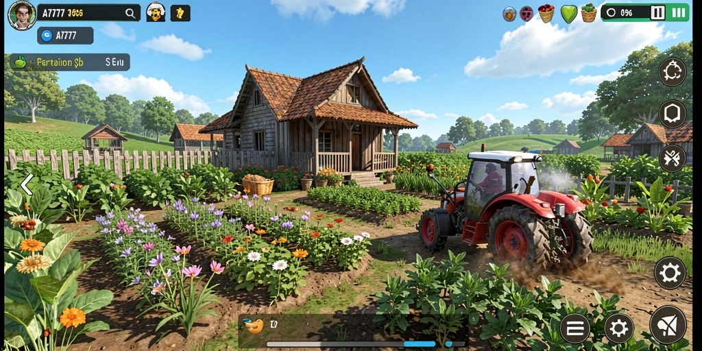 Tangkapan layar gameplay A7777 yang menggambarkan ladang yang subur dan hewan ternak.