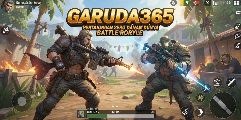 Screenshot utama GARUDA365 menunjukkan aksi intens dalam pertempuran Battle Royale.