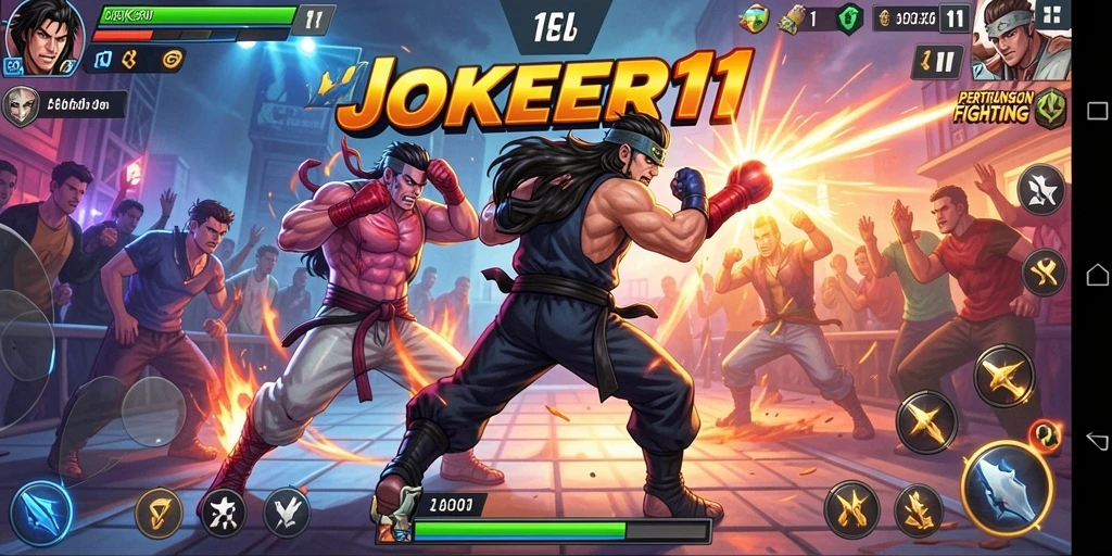 Screenshot JOKER11 menampilkan pertarungan seru dengan karakter yang dinamis.
