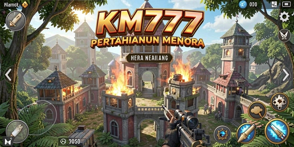 Screenshot menunjukkan gameplay menegangkan dari KM777 Tower Defense.