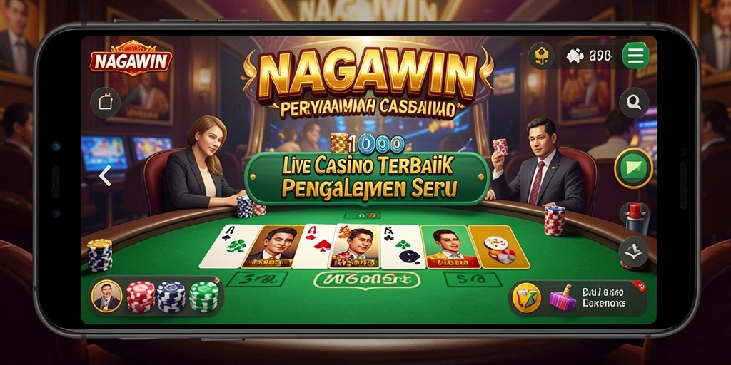 Screenshot gameplay NAGAWIN menunjukkan dealer langsung yang berinteraksi dengan pemain.