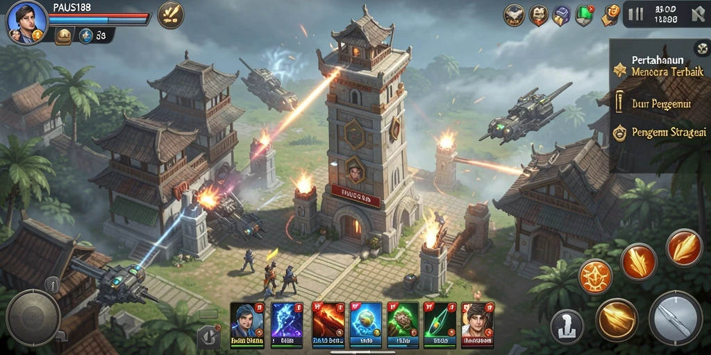 Tampilan seru gameplay PAUS188 dalam pertarungan Tower Defense.