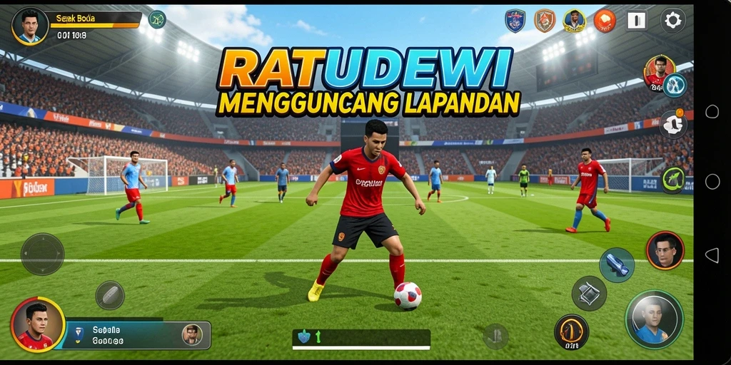 Tampilan gameplay <strong>RATUDEWI</strong> yang epik di lapangan sepak bola.