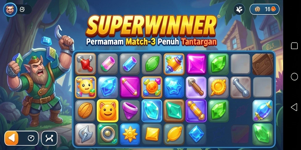 Tampilan gameplay SUPERWINNER yang menarik dan penuh warna.